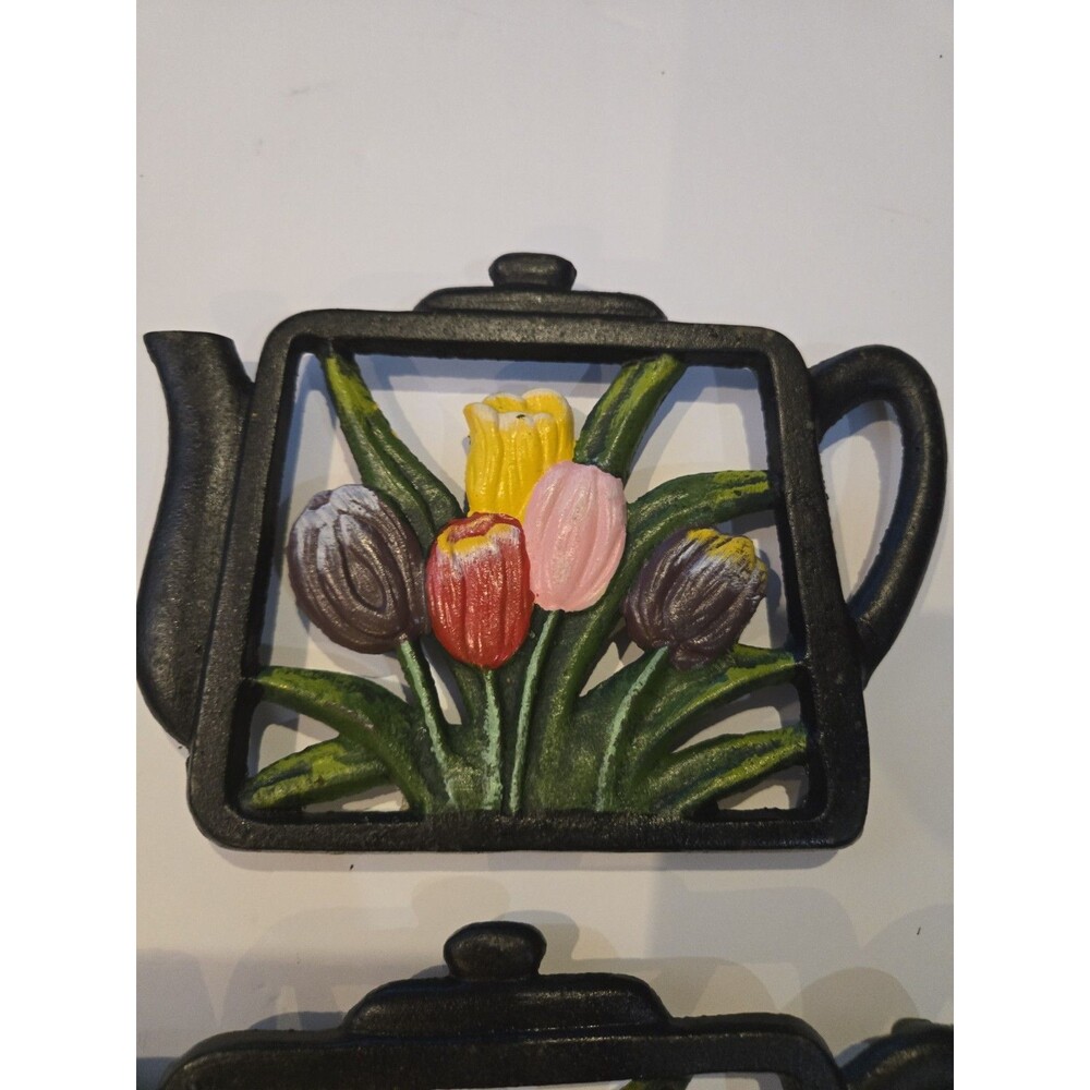two decorative cast iron trivets Tea Kettle With Tulips - Picture 3 of 5